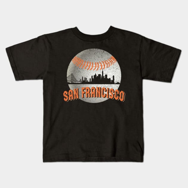 Vintage San Francisco Downtown Skyline Baseball For Game Day Kids T-Shirt by justiceberate